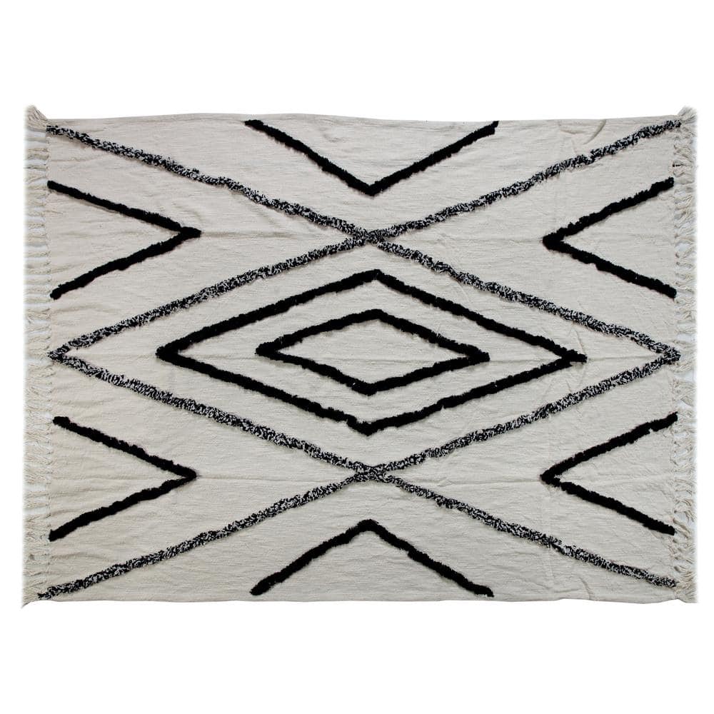 Handwoven Luxe Cotton Fringed Throw Blanket, Natural & Navy, 50" x 60"