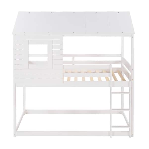 Unbranded White Twin Over Twin Bunk Bed with Roof, Window, Guardrail, Ladder