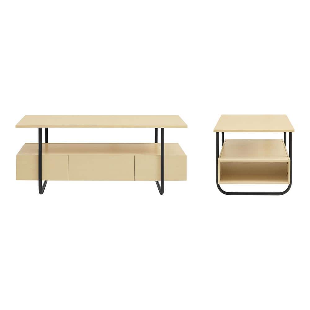 Rivo 2-Piece 35.5 in. Light Maple Rectangle Composite Coffee Table Set Storage Cubby Shelf
