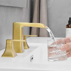 Modern Double Handle 3-Hole 8 in. Widespread Waterfall Bathroom Faucet with Pop Up Drain in Brushed Gold