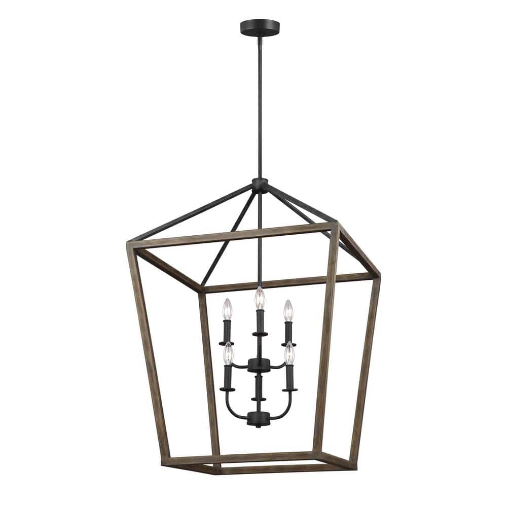 Weathered Oak and Antique Forged Iron Brass Cage 6-Light Chandelier