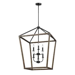Gannet 6-Light Weathered Oak Wood and Antique Forged Iron Rustic Farmhouse Hanging Candlestick Chandelier