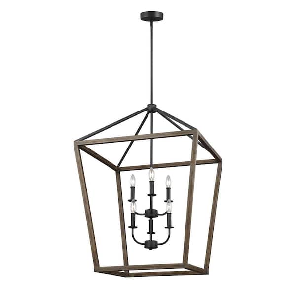 Generation Lighting Gannet 6-Light Weathered Oak Wood and Antique Forged Iron Rustic Farmhouse Hanging Candlestick Chandelier