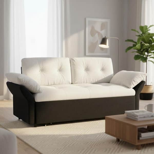 Homy Casa Artisc 74 in. Snow White Chenille 3-in-1 Queen Size Sleeper Sofa Bed with Adjustable Armrests and Side Storage