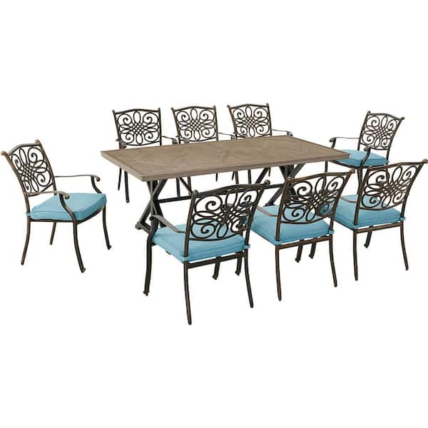 Hanover Traditions 9-Piece Aluminum Outdoor Dining Set with Blue Cushions, 8 Stationary Chairs and Tile-Top Table