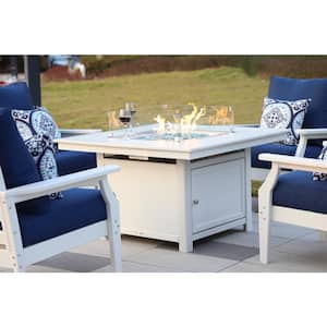 Park City 42 in. Square Poly FirePit Table in White with Glass Flame-Wind Guard Set