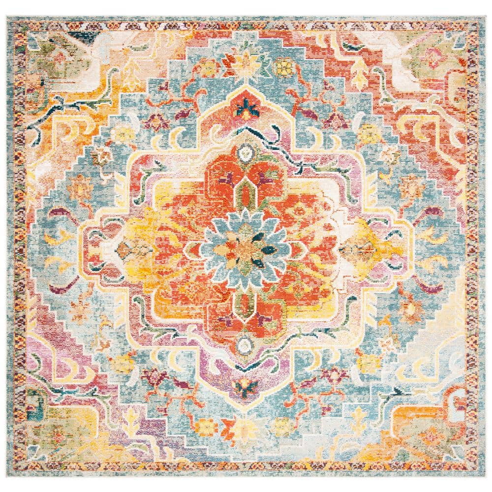 Hand-Knotted Medallion 5' Square Rug in Orange and Teal