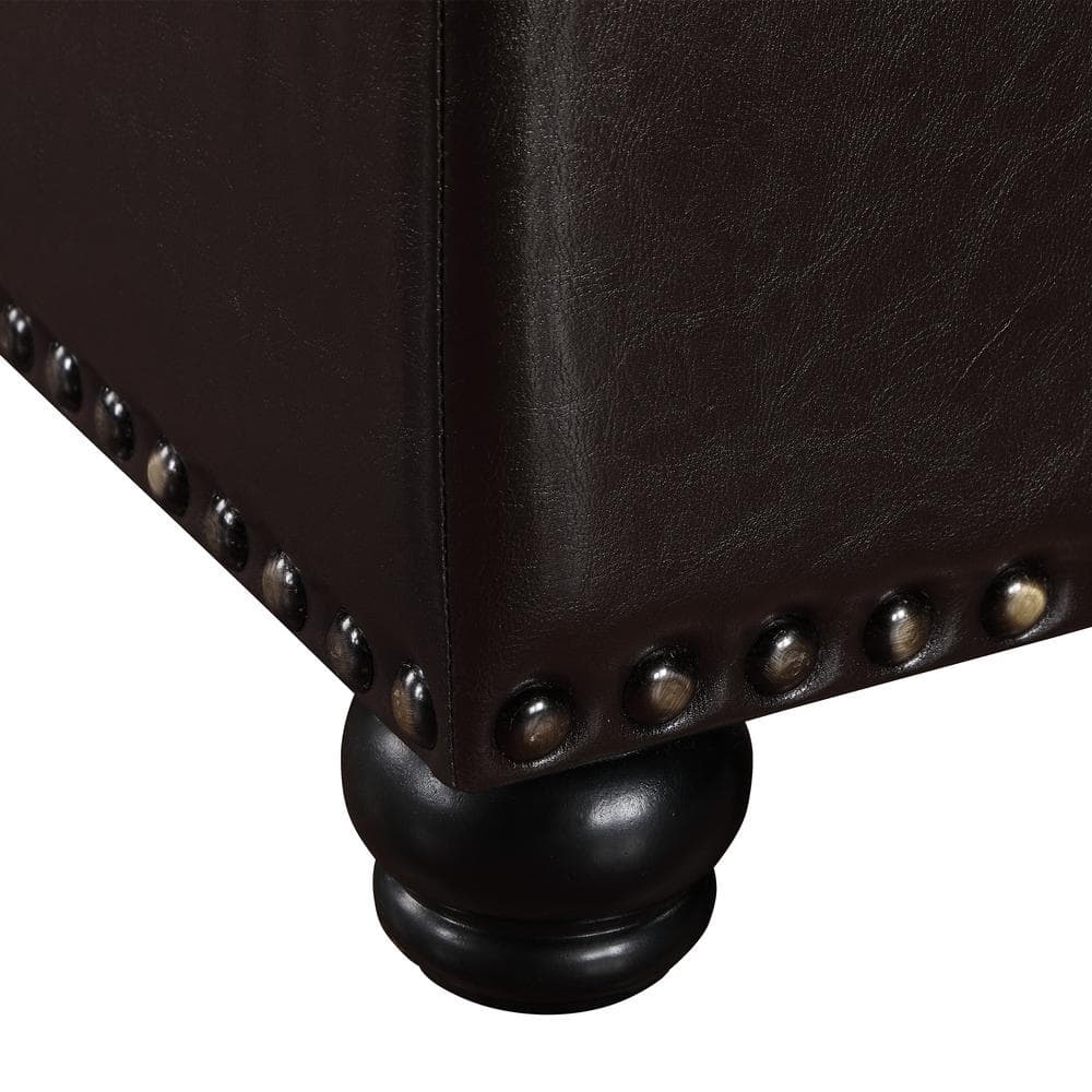 Espresso Faux Leather Tufted Storage Ottoman with Nailhead Trim