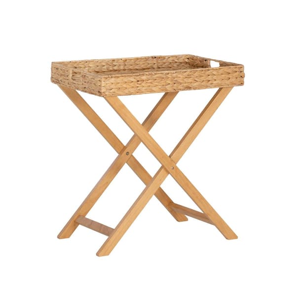 Linon Home Decor Halina 23.75 in. Natural Rectangle Hyacinth Top Folding End Table with Removable Tray