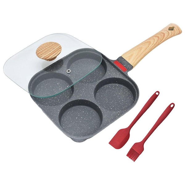 4-Cup Aluminum Nonstick Egg Pan with Lid, Induction and Gas Compatible, Marble Stone Coating Saute Pan