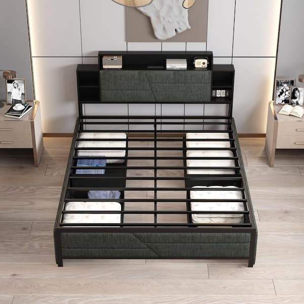 Black Metal Frame Queen Size Platform Bed with Storage Drawers, Power Outlets, Modern Panel Bed w/ Headboard, Bookshelf