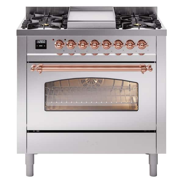 ILVE Nostalgie II 36 in. 6 Burner+Griddle Freestanding Dual Fuel Natural Gas Range in Stainless Steel with Copper Trim