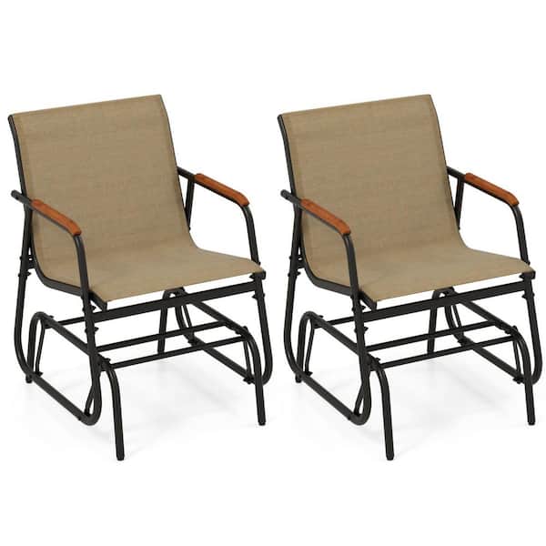 24 in. Metal Patio Outdoor Glider Chair with Curved Teak Armrests and Breathable Fabric Seat Set of 2