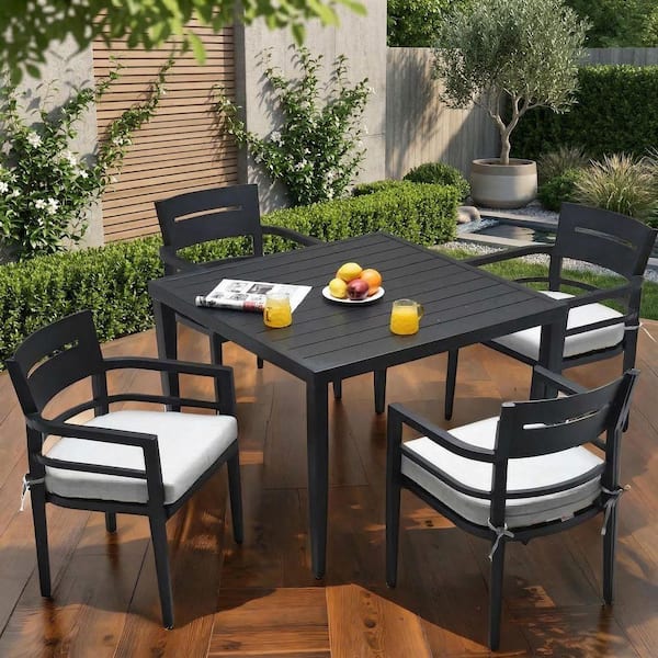 Black 5-Piece Aluminum Outdoor Sectional Set Patio Dining Set with Grey Sunbrella Fabric Cushioned and Umbrella Hole