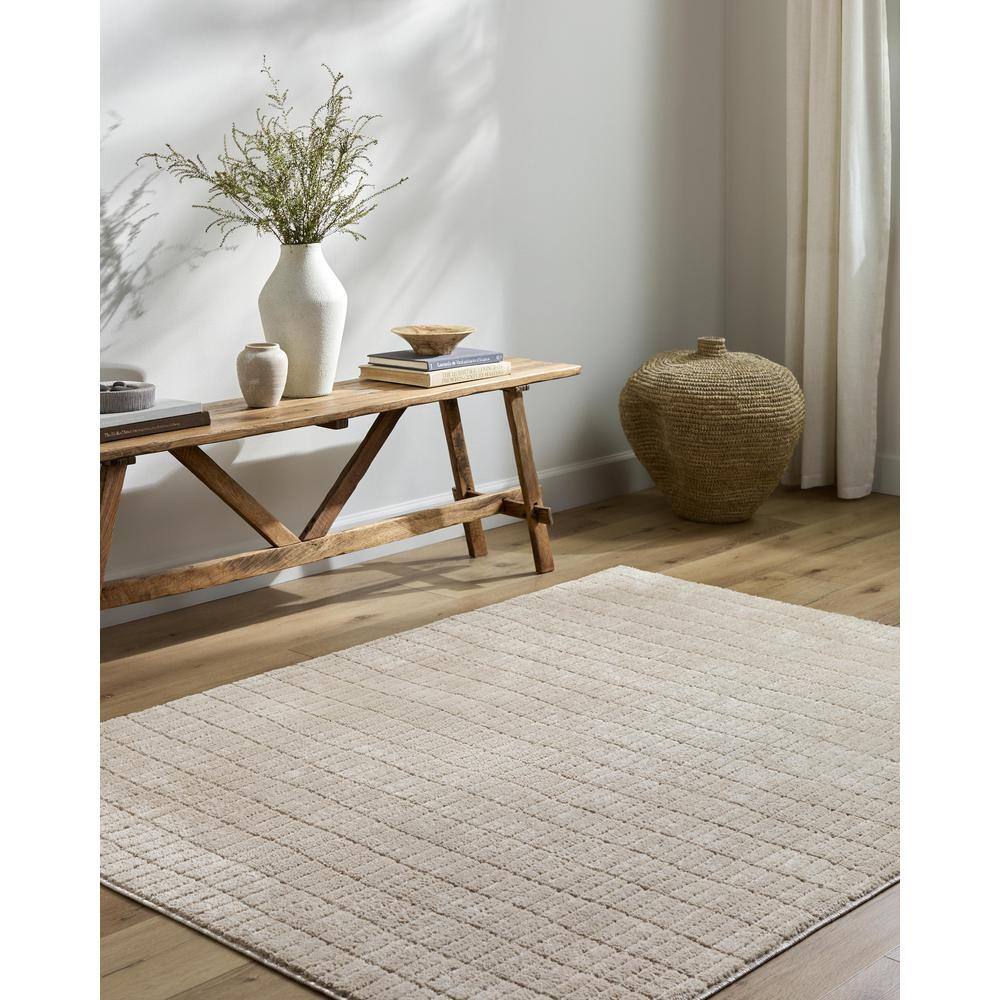 Light Brown Minimalist Striped Polyester Area Rug, 5'3" x 7'