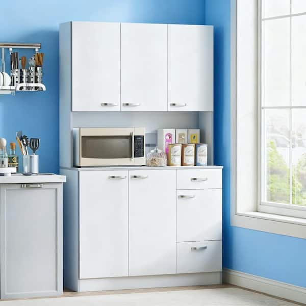 71 in. H White Wood Pantry Storage Cabinet with Microwave Stand and Drawers Modern Kitchen Hutch w/Adjustable Shelves