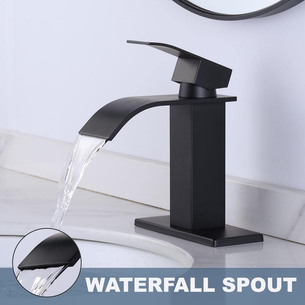 Matte Black Single Handle Waterfall Bathroom Faucet with Pop-up Drain