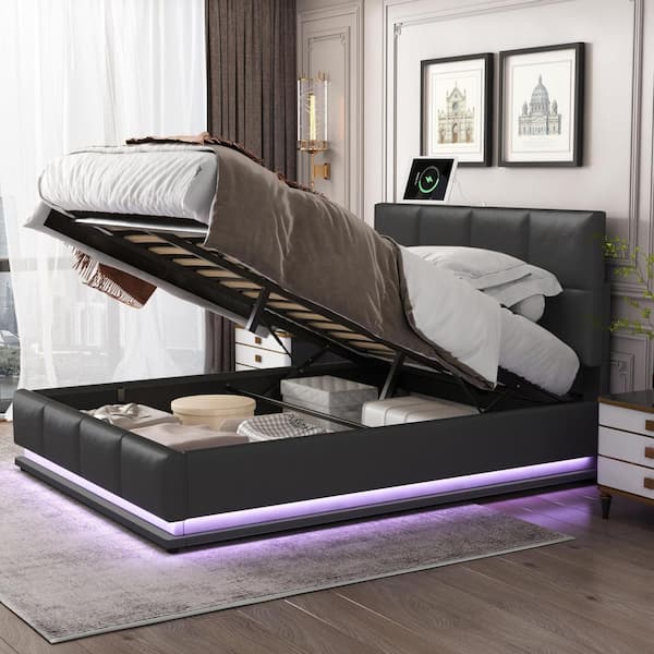 Harper & Bright Designs Black Wood Frame Queen Size PU Platform Bed with Adjustable Headboard, Hydraulic Storage System, LED Lights and USB Port