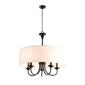 5-Light Black Candlestick Chandelier with White Linen Shade
