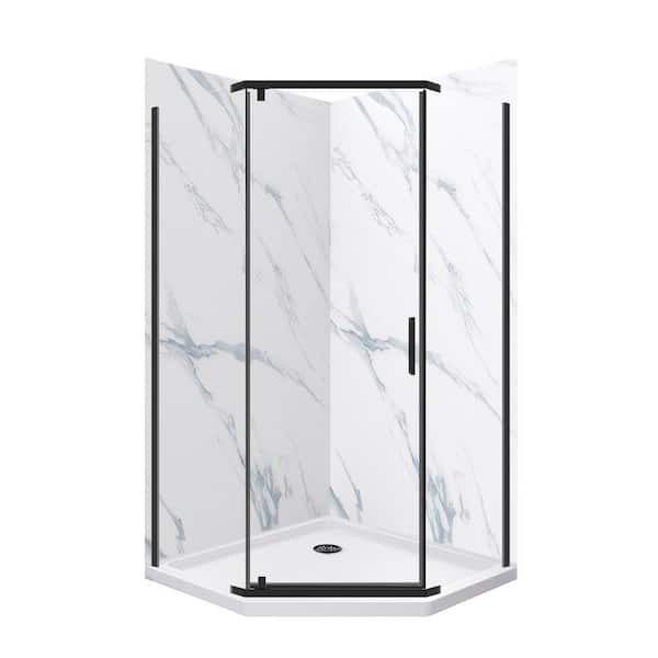 Cove 42 in. L x 42 in. W x 78 in. H Corner Shower Stall/Kit with Corner Drain in Carrara and Matte Black