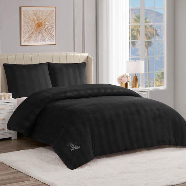 Jenny Velour Striped Jacquard 3-Piece Black Striped Microfiber King Comforter Set