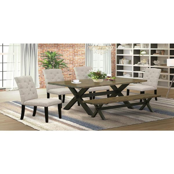 East West Furniture 6-Piece Rectangle Distressed Jacobean Finish Solid Wood Top Dining Table with 1-Bench, 4-Chairs with Lattice Back