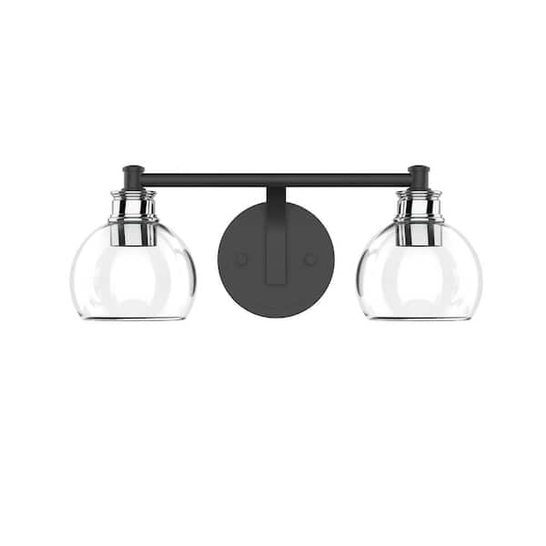 FOCUS WORLDWIDE Jinky 16 in. 2-Light Matte Black Vanity Light with Brushed Nickel Accents Bathroom Fixture with Clear Glass Round Shade