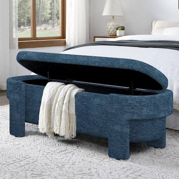 51.5 in. Dark Blue Linen Upholstered Storage Bedroom Bench with Large Hidden Compartment and Wood Legs for Living Room