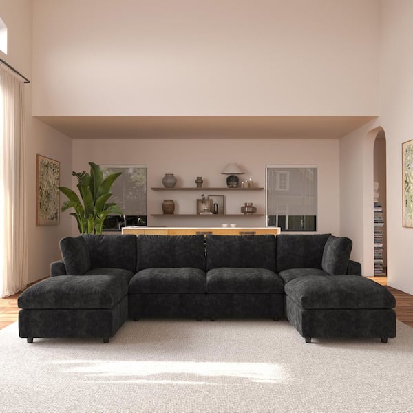 J&E Home 141.7 in. Square Arm Corduroy Velvet 4 Pieces