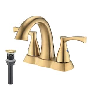 4 in. Centerset Double Handle High Arc Bathroom Faucet with Drain Kit Included Brass Sink Basin Faucets in Brushed Gold