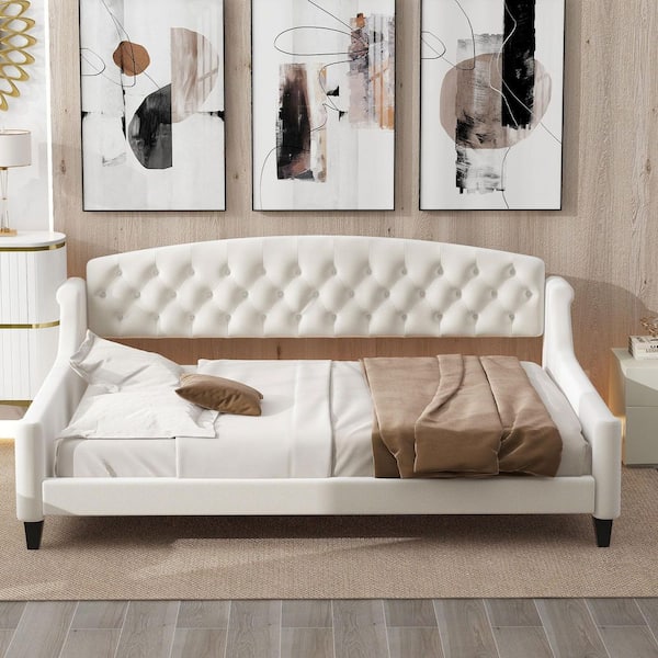 Beige Full Upholstered Daybed with Tufted Button