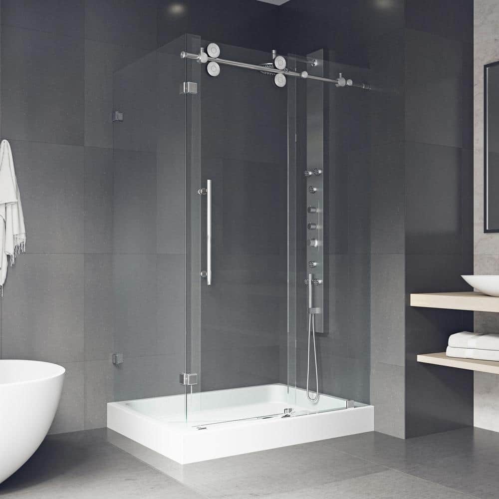 Winslow 48" Frameless Clear Glass Sliding Shower Enclosure with Black Hardware