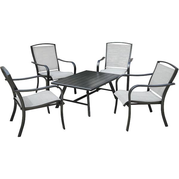 Hanover Foxhill Aluminum 5-Piece Commercial Sling Patio Conversation Set with Sunbrella Lounge Chairs and a Slat-Top Table