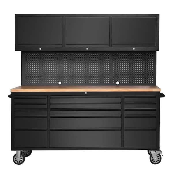 72 in. W x 18 in. D Heavy Duty 15-Drawer Mobile Workbench Tool Chest with Top Cabinets, Pegboard and Wheels, Black