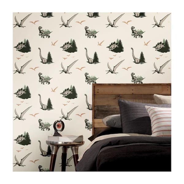 Jurassic World: Dominion Vintage Dinosaurs Green Matte Finish Peel and Stick Vinyl Wallpaper