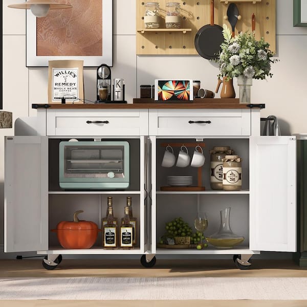 White Wood Kitchen Cart with Power Outlet Drop Leaf Spice Rack Drawer Adjustable Shelves Wheels