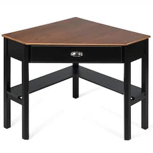 41.5 in. H Coffee Wood 1-Drawer Laptop Corner Desk with 2-Bottom Shelves and Pinewood Legs