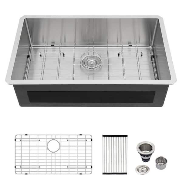 Logmey 33 in. x 19 in. Undermount Single Bowl 16-Gauge Stainless Steel Kitchen Sink with Strainer and Bottom Grid