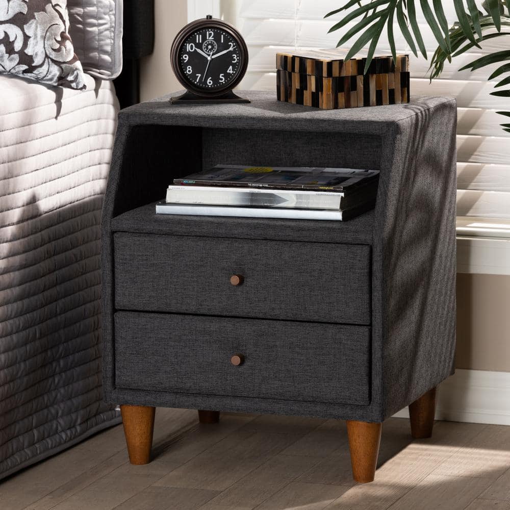 Claverie Charcoal Fabric 2-Drawer Mid-Century Modern Nightstand