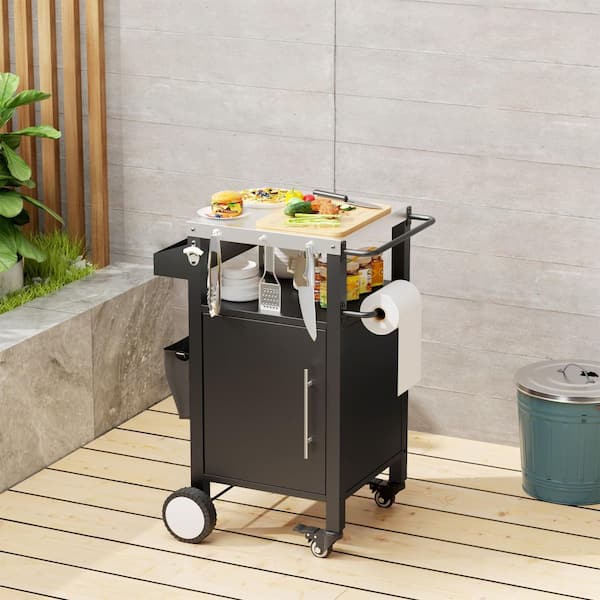 Unbranded Black Outdoor Grill Cart BBQ Table with Storage, Spice Rack, Hooks, Rolling Bar Cart for Patio Grilling Set
