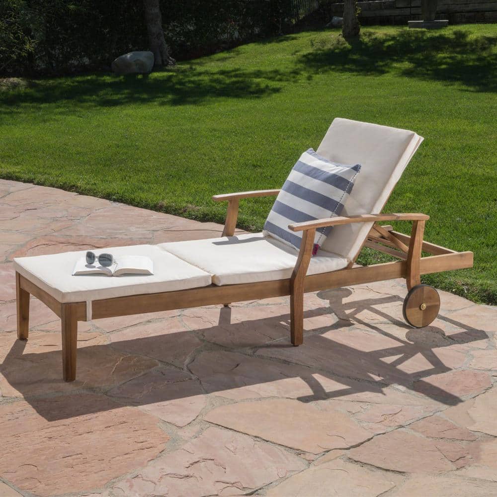 Noble House Giancarlo Teak Wood Outdoor Chaise Lounge with Cream Cushion -  41170