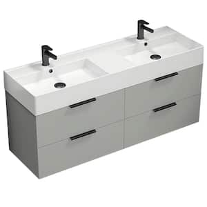 Derin 55.51 in. W x 18.11 in. D x 25.2 in . H Wall Mounted Bath Vanity in Grey Mist with Vanity Top Basin in White