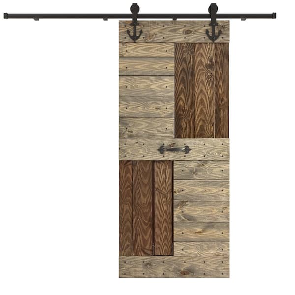 COAST SEQUOIA INC S Series Embossing 36 in. x 84 in. Dark Walnut/Aged Barrel Knotty Wood Sliding Door with Hardware Kit