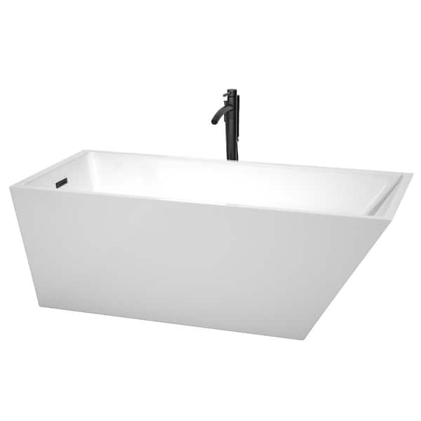 Wyndham Collection Hannah 67 in. Acrylic Flatbottom Bathtub in White with Matte Black Trim and Faucet