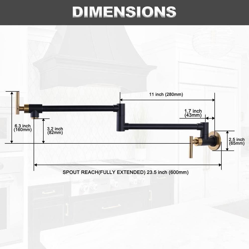 Matte Black and Gold Brass Wall Mount Pot Filler Faucet
