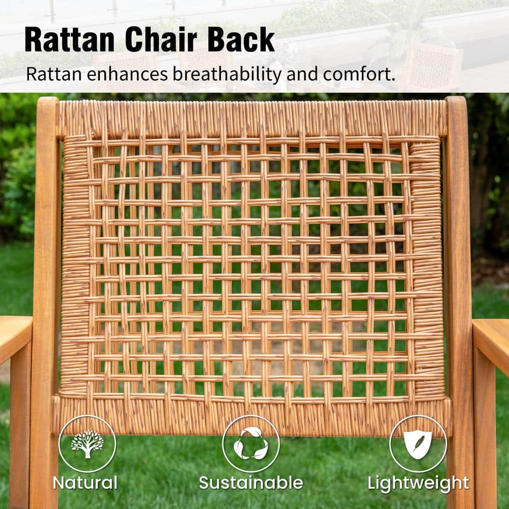 Brown Acacia Wood and Rattan Outdoor Dining Armchairs, Set of 2