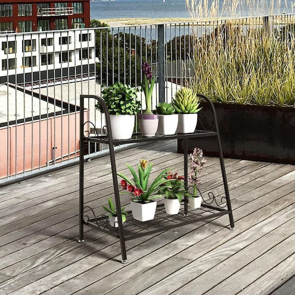 24.5 in. Tall Indoor/Outdoor Metal Plant Stand Shelf Flower Pot Holder Display Rack Shoe Organizer (2-Tiered)