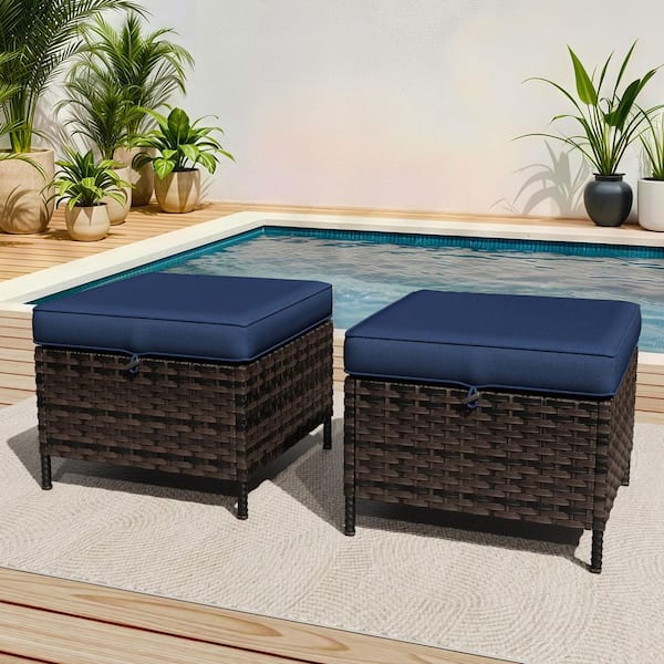 Brown Wicker Outdoor Patio Ottoman with Blue Cushions (Set of 2)