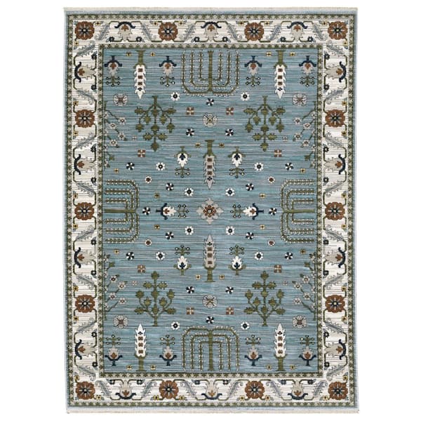 AVERLEY HOME Key Blue/Green Doormat 3 ft. x 5 ft. Traditional Oriental Floral Polyester Fringed-Edge Indoor Area Rug