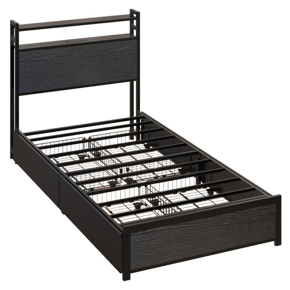Black metal twin platform bed frame with slat support.